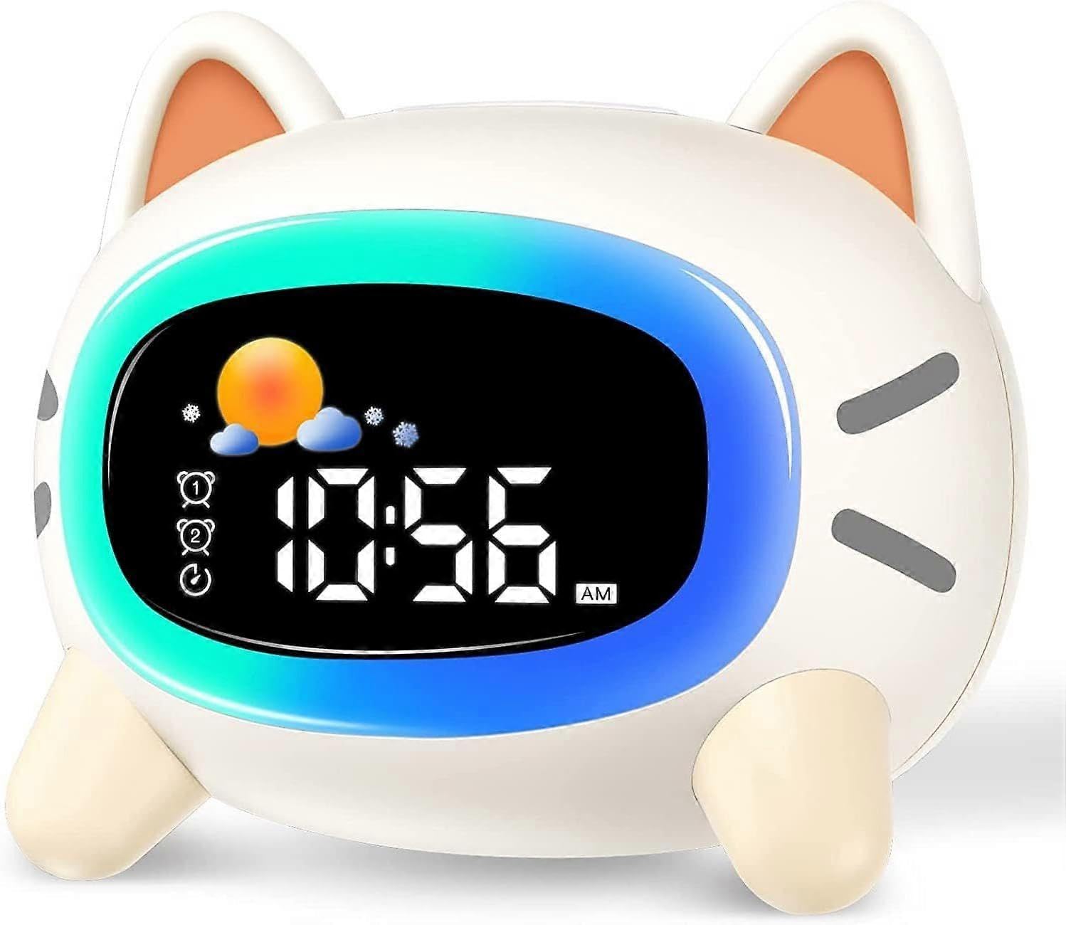 Kinderwecker, pädagogischer Tag-/Nachtwecker mit 5-farbigem LED-Licht, Geschenk für Jungen und Mädchen, 7 Musikarten, zwei Alarme, wiederaufladbar über USB
