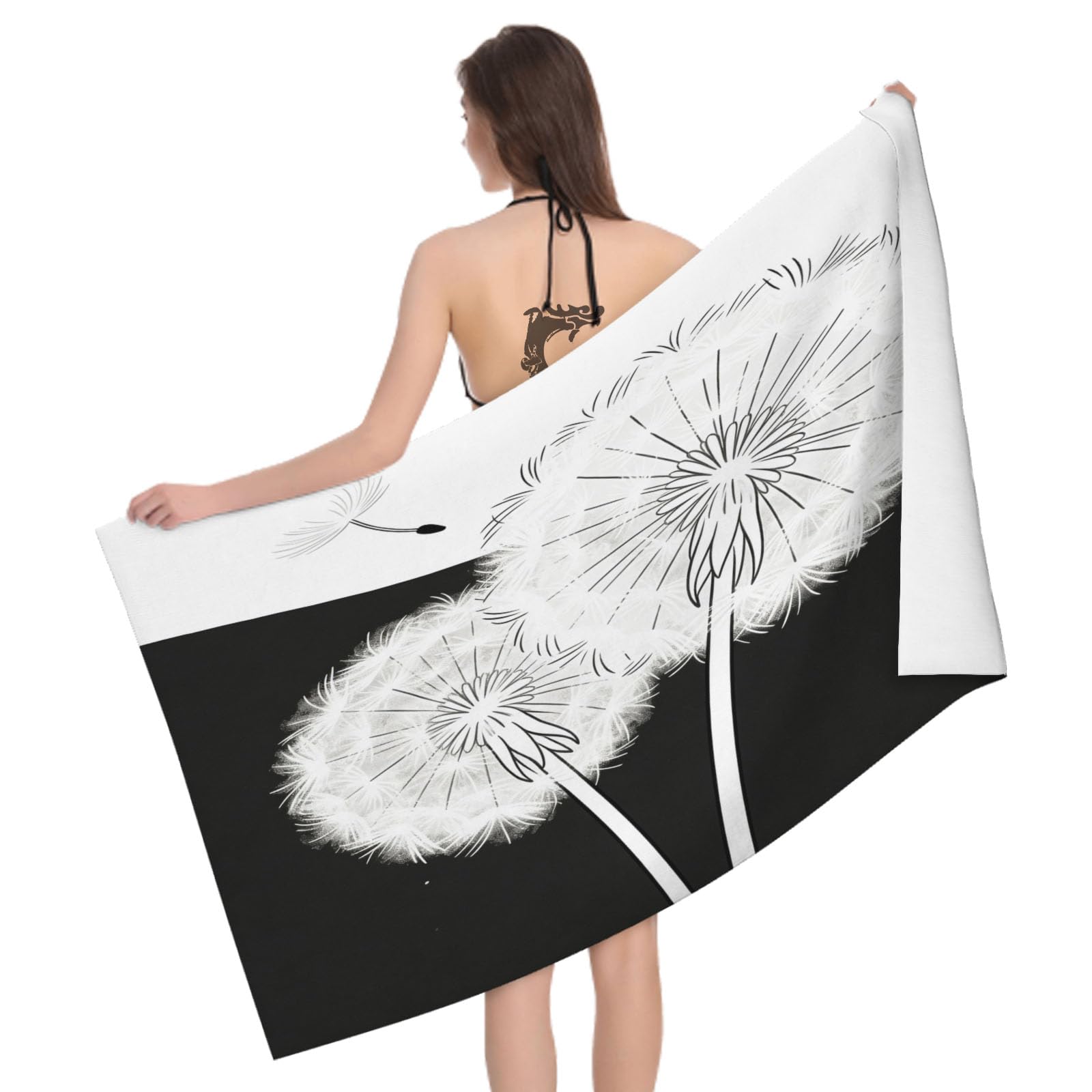 Leichong 3D Dandelion Beach Towel Large Microfiber Soft Quick Dry for Adults, Black White Illustration Bath Towel Lightweight Soft Absorbent for Travel Swimming Pool Sports, 80 x 160 cm