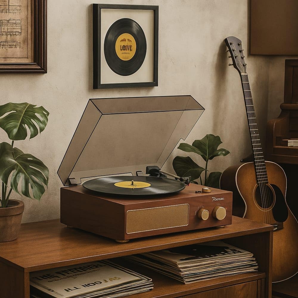 Raveo Vitrola Studio MAPLE com Toca-discos, Rádio FM, USB, saída auxiliar e fone de ouvido e tecnologia de conexão Bluetooth., Cor: MARROM