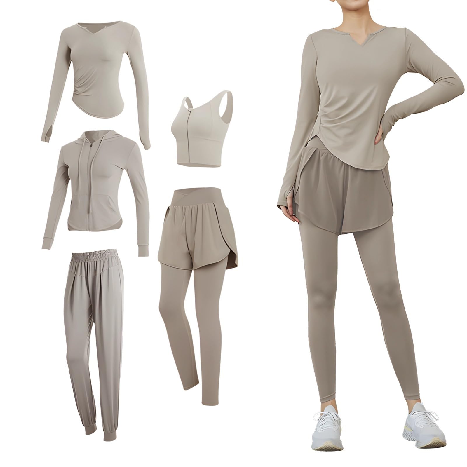 5-Piece Womens Activewear Set Long Sleeve Workout Set Yoga Apparel Hoodie Xxl Size Polyester Spandex Blend