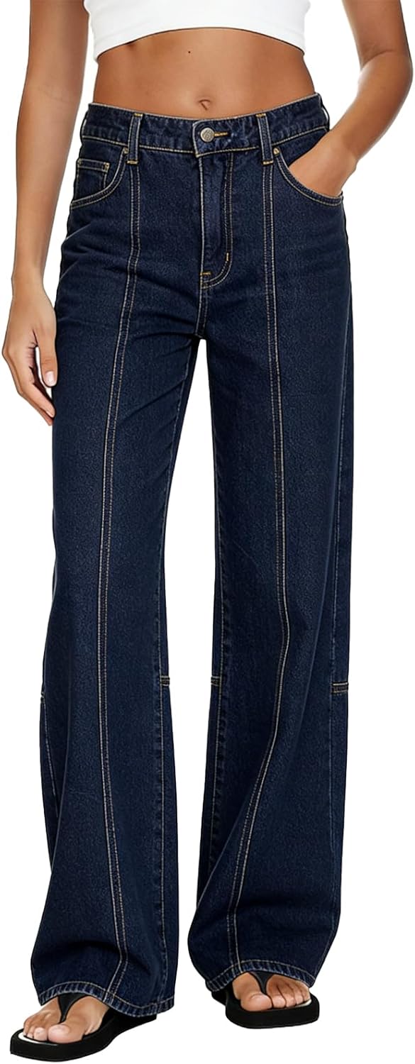 MARIASHA Women's Wide Leg Jeans High Waisted Stretchy Buttoned Zimbaplatinum Denim Pants