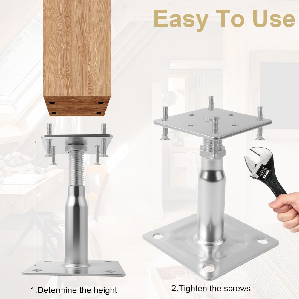 Supports de Poteau Galvanisés de 100 à 150 mm, Lot de 4 Supports de Poteau Réglables en Hauteur avec 16 Vis, Embase Pied de AOOTE Poteaus Carrée Réglable pour Clôtures, Abris, Pergolas (Argent)