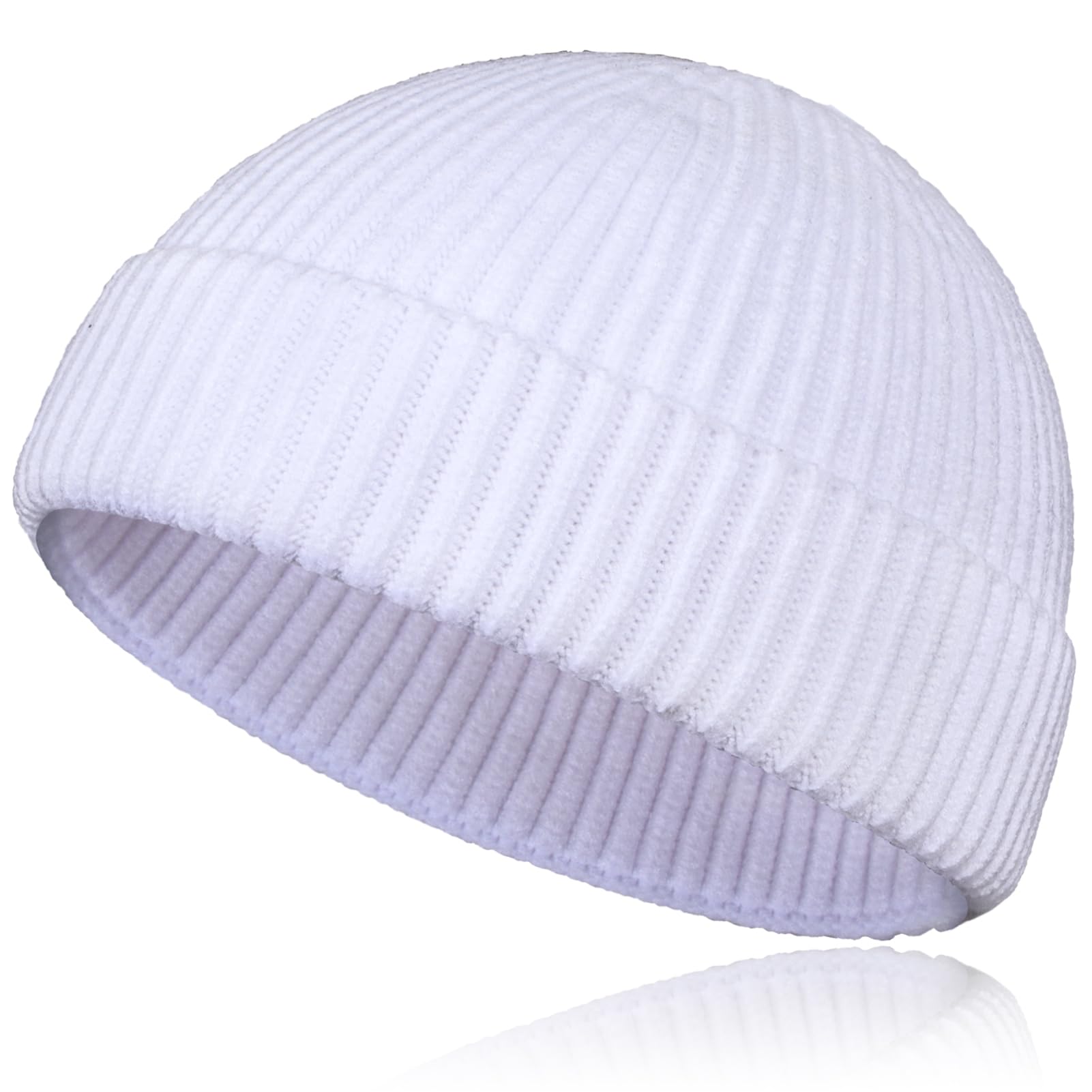 Samserot Men's White Wool Short Fisherman Beanie For Wo, Knit Cuff Trawler Beanie Caps Winter Warm Hats