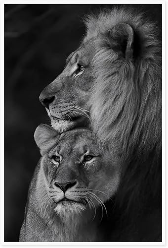 Pintura en lienzo de pareja de león blanco y negro, arte abstracto moderno de pared, carteles e impresiones de animales, decoración de pared, sin