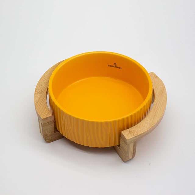 Foto 4 de 8 de Cuenco de Cerámica para Gato, Base de Madera de Bambú, 400 mL, Amarillo