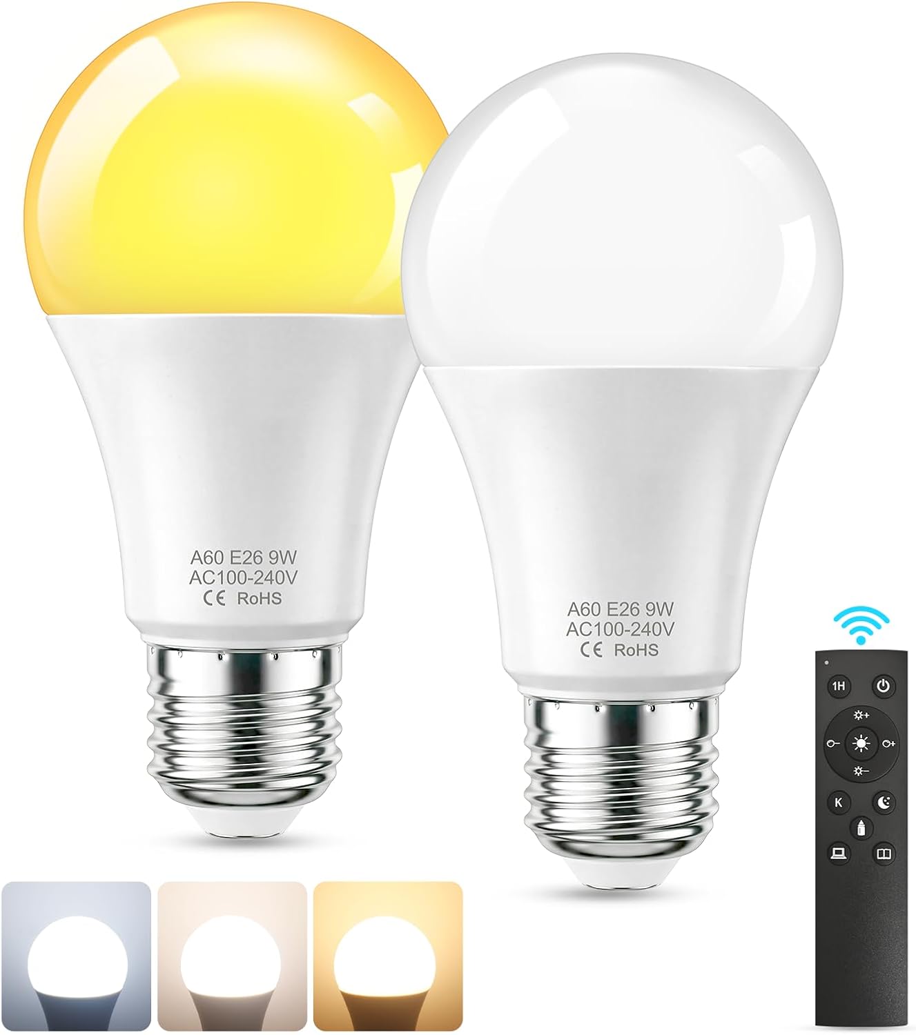 SCNNC A19 LED Remote Control Light Bulbs, 700LM 9W, 60 Watt Equivalent, 3000K-6500K Stepless Dimmable Warm Light Bulbs, E26/E27 Base,100V-240V AC, CRI 80+, 30000+ Hours Lifespan (1 Remote, 2 Bulb)