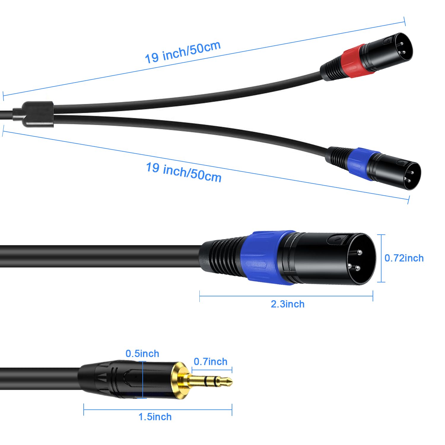 3,5 mm TRS auf 2 XLR-Kabel, 1,3 m, unsymmetrischer 1/8 TRS-Stecker auf Dual-XLR-Stecker, Y-Splitter Aux auf Dual-XLR-Breakout-Kabel, 24 K vergoldete Anschlüsse für Smartphone, Tablet, Laptop