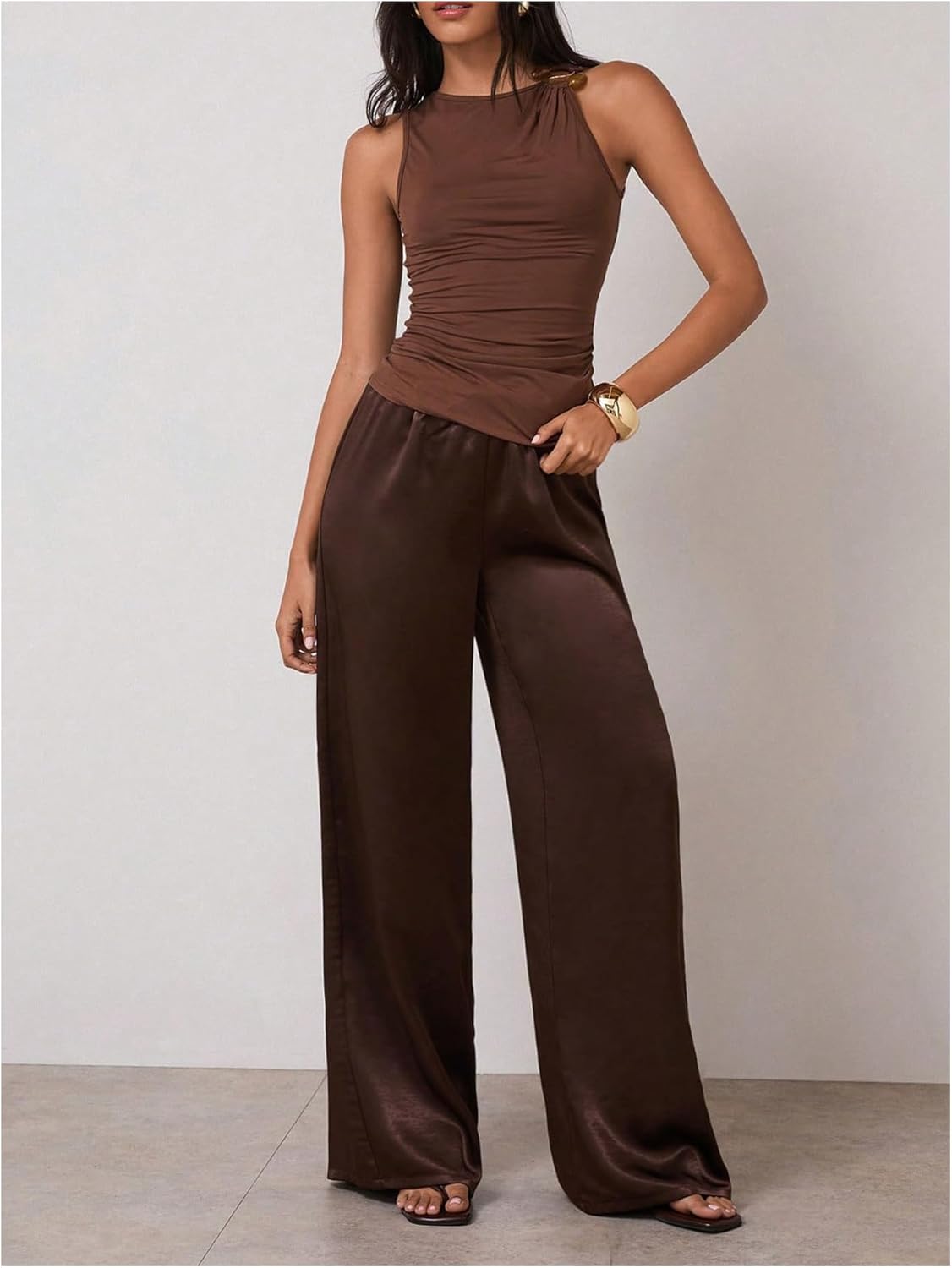 SweatyRocks Women's Silk Satin Straight Leg Pants Dressy Casual Drawstring Elastic Waist Loose Long Trousers Going Out