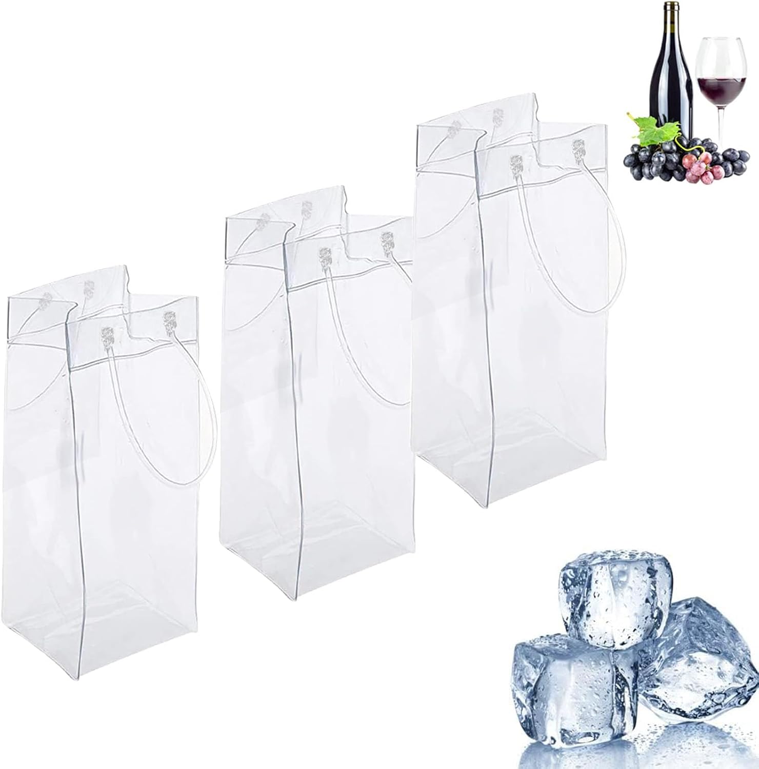 Gamrong Pack of 3 Ice Bag Transparent Ice Wine Bags with Handle for Ice