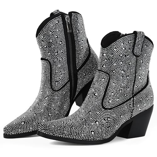 FIFSY Bottines de cowboy à strass pour femme avec talon épais et paillettes, noir, 38 EU