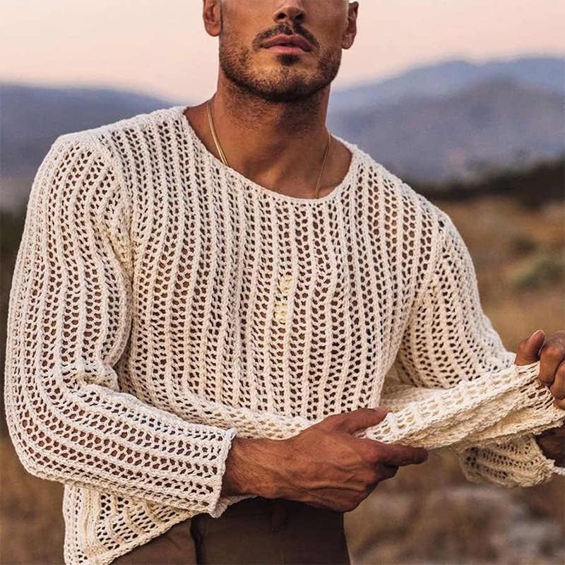 Evankin Men's T-Shirt Hollow Out Mesh Long Sleeve Tops See Through Underwear Knitted Sweater Loose Undershirt T-Shirt - Image 6