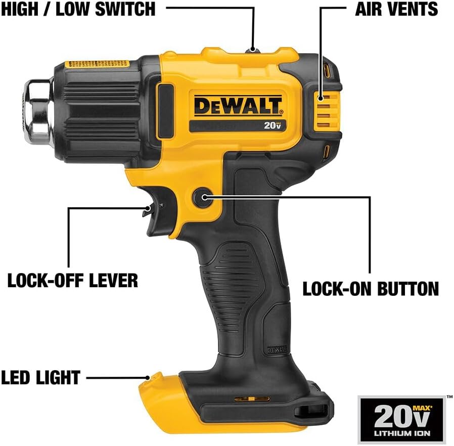 DEWALT 20V MAX Heat Gun, Cordless, Up to 990 Degrees, 42 Minutes of Run Time, LED Light, Heatgun with Flat and Hook Nozzle Attachments,Tool Only (DCE530B) - Image 5