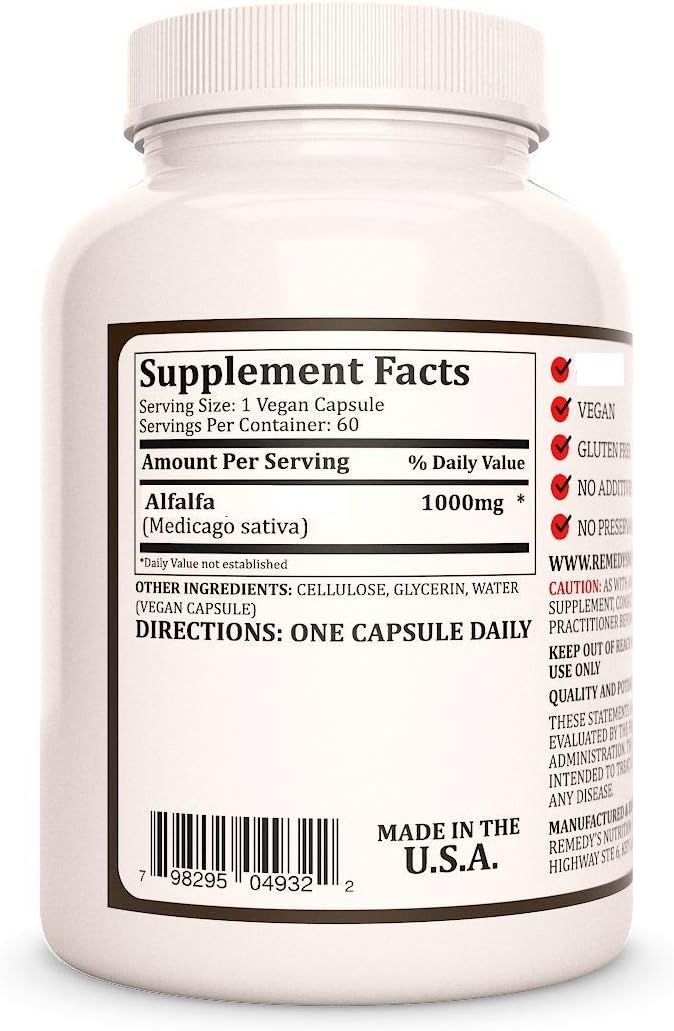 Remedy's nutrition Alfalfa (Medicago Sativa) MEGA Strength 1,000 mg per Capsule/60,000 mg per Bottle Vegan VCaps : Health & Household