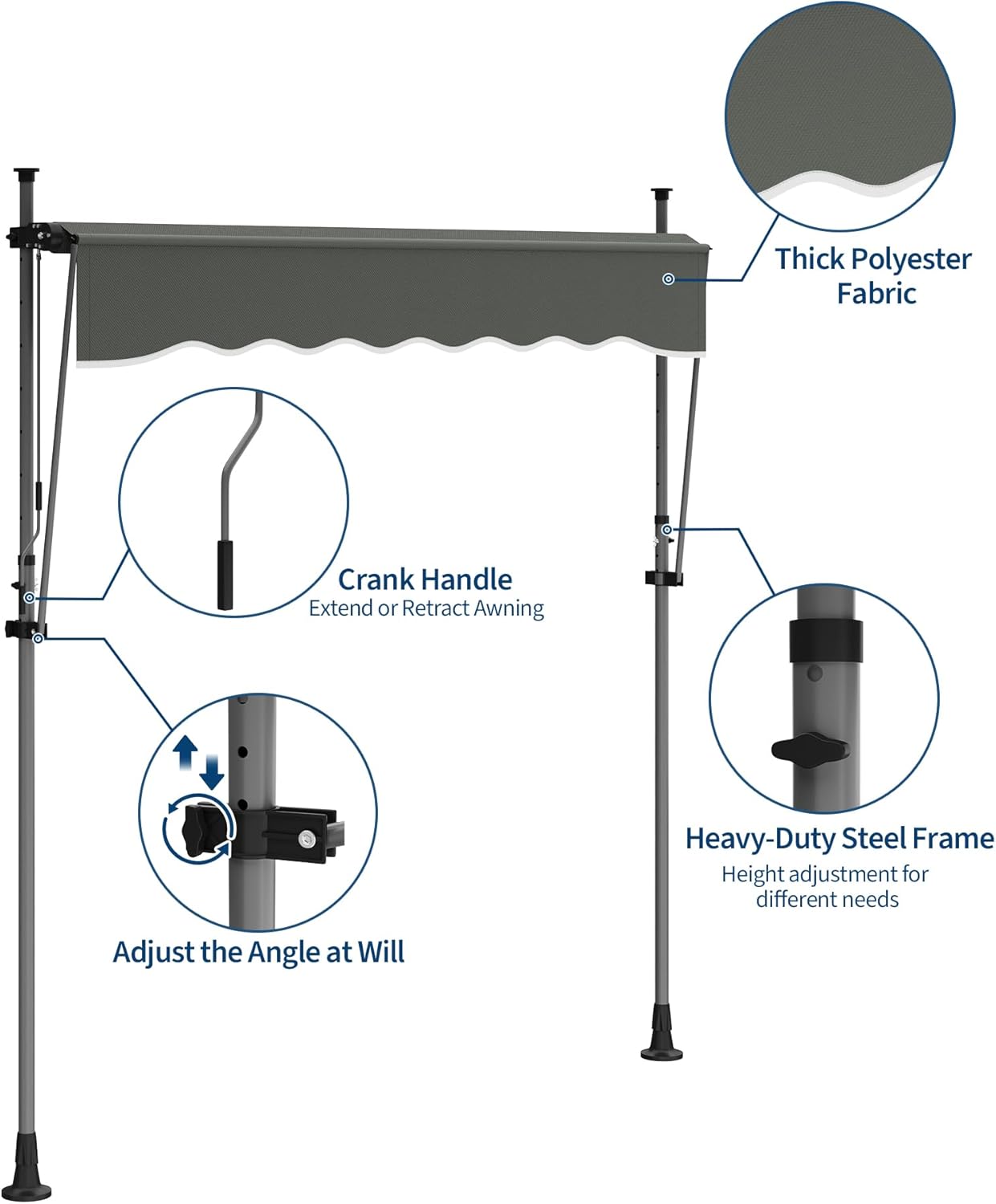 garveelife manual retractable awning, 118 in patio awning exterior outdoor sunshade shelter, angle & height adjustable sunsetter retractable awning uv protection for any window or door (dark gray)