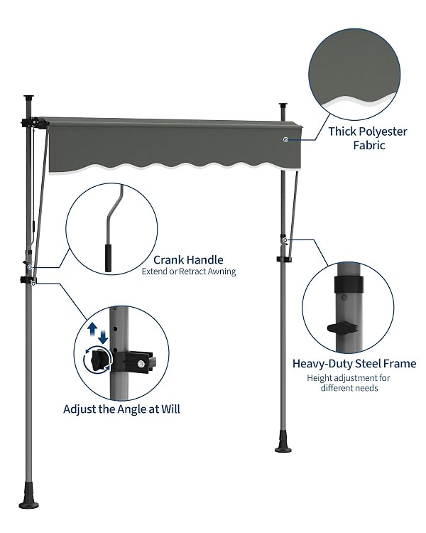 JoanKaren 118 in Manual Retractable Awning, Adjustable Angle & Height Patio Awning, 10x4 FT Exterior Sunshade Shelter with Iron Pole Bracket, UV Protection for Window Door and Deck, Grey by JoanKaren - Image 3