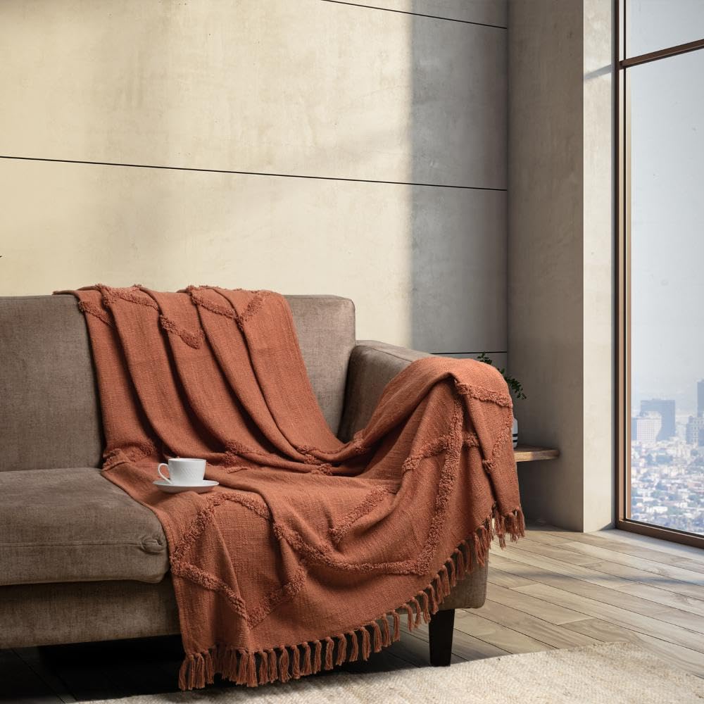 Wakefit 100% Cotton Sofa Throw | Soft & Lightweight Throw Blanket for Chair, Bed & Couch with Tassels | Machine Washable | Bombay Brown | 50x60 Inches | Pack of 1