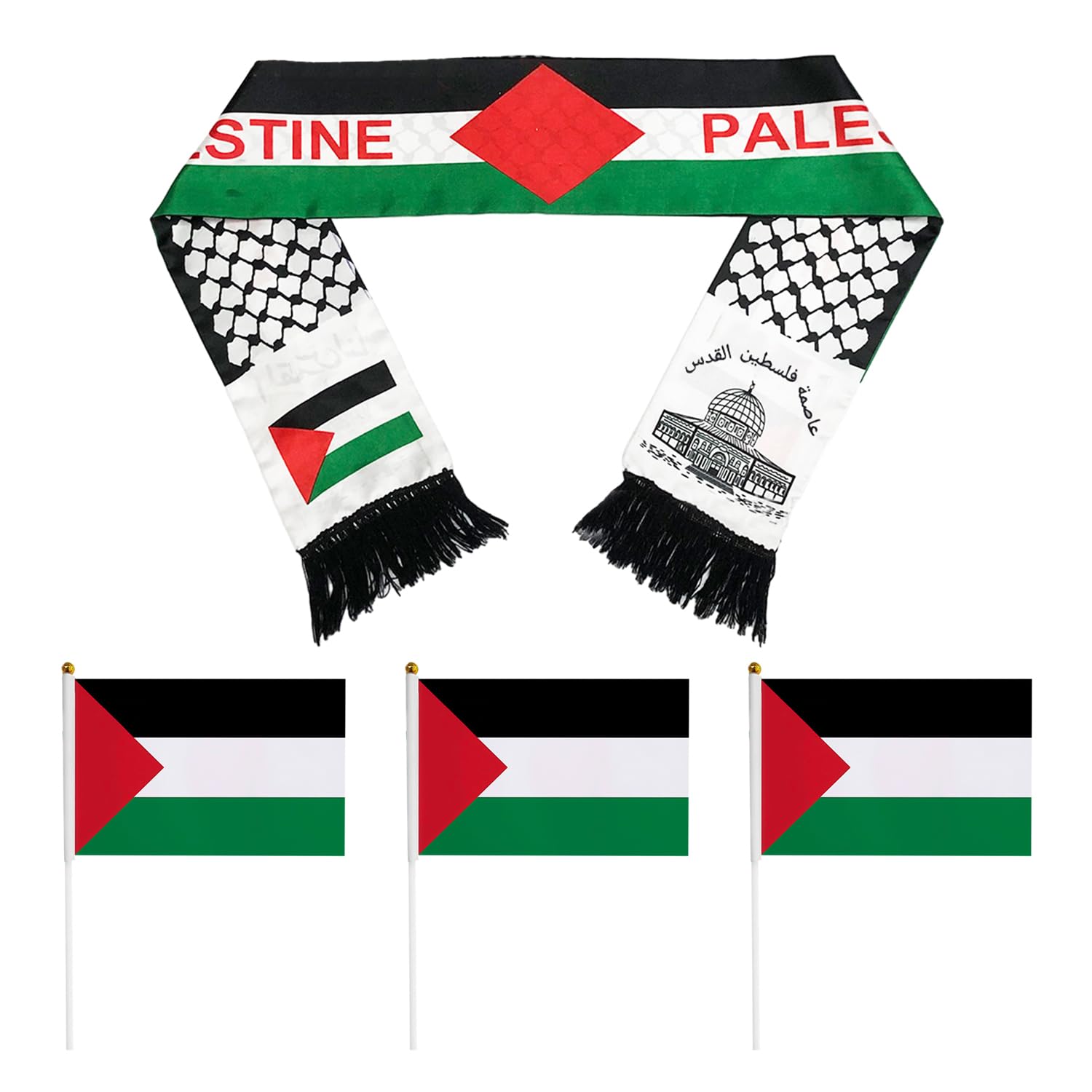 1 Bufanda Palestina Y 3 Banderas Palestinas Ondeadas A Mano. Muestre Su Apoyo A La Liberación Y La Paz Palestinas Con Bufandas Palestinas Y Mini Banderas.