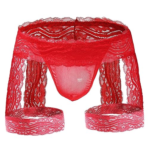 Tanga Encaje Sexy Hombre Calzoncillos Bóxer Sissy, Bikini Slips Transparente Ligas,Ropa Interior Elástica,Thong Transpirable Hueca,Bragas Pantalones Suspensorio Talle Bajo Lencería Clubwear (Rojo)