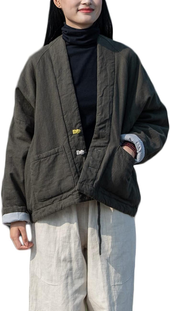 NFYM Women Winter Quilted Short Jackets Cotton Linen Open Front Coats Contrast Color Buttons Retro Hanfu Style Outerwear