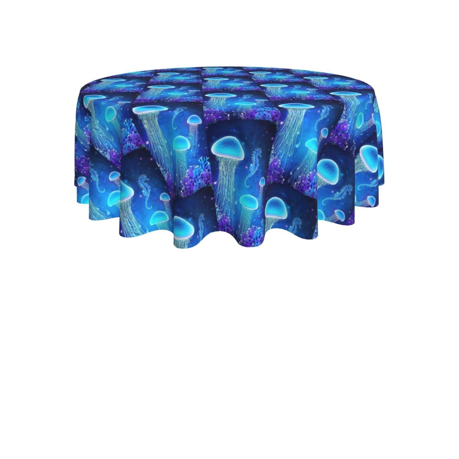 ENGhjes Underwater Jellyfish Print Round Tablecloth 60in Washable Stainproof Polyester Cloth for Kitchen Idea