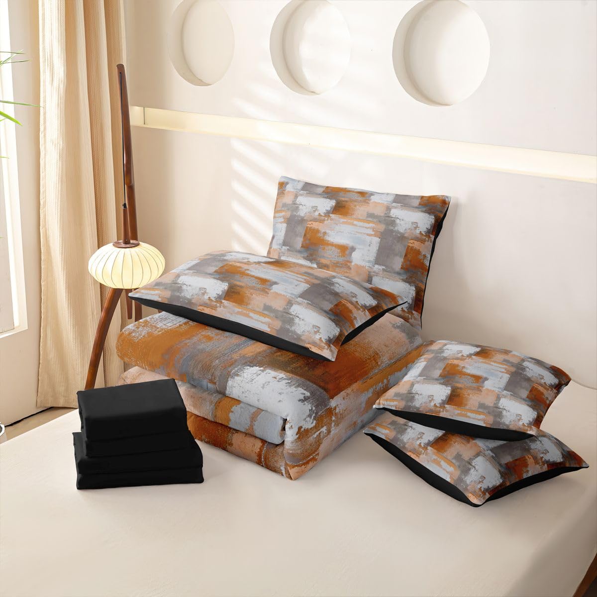 Loussiesd Set di biancheria da letto con copripiumino astratto con lenzuola, 7 pezzi, per letto singolo, motivo geometrico grigio arancione ombré, per bambini, ragazzi e ragazze, moderno, arte