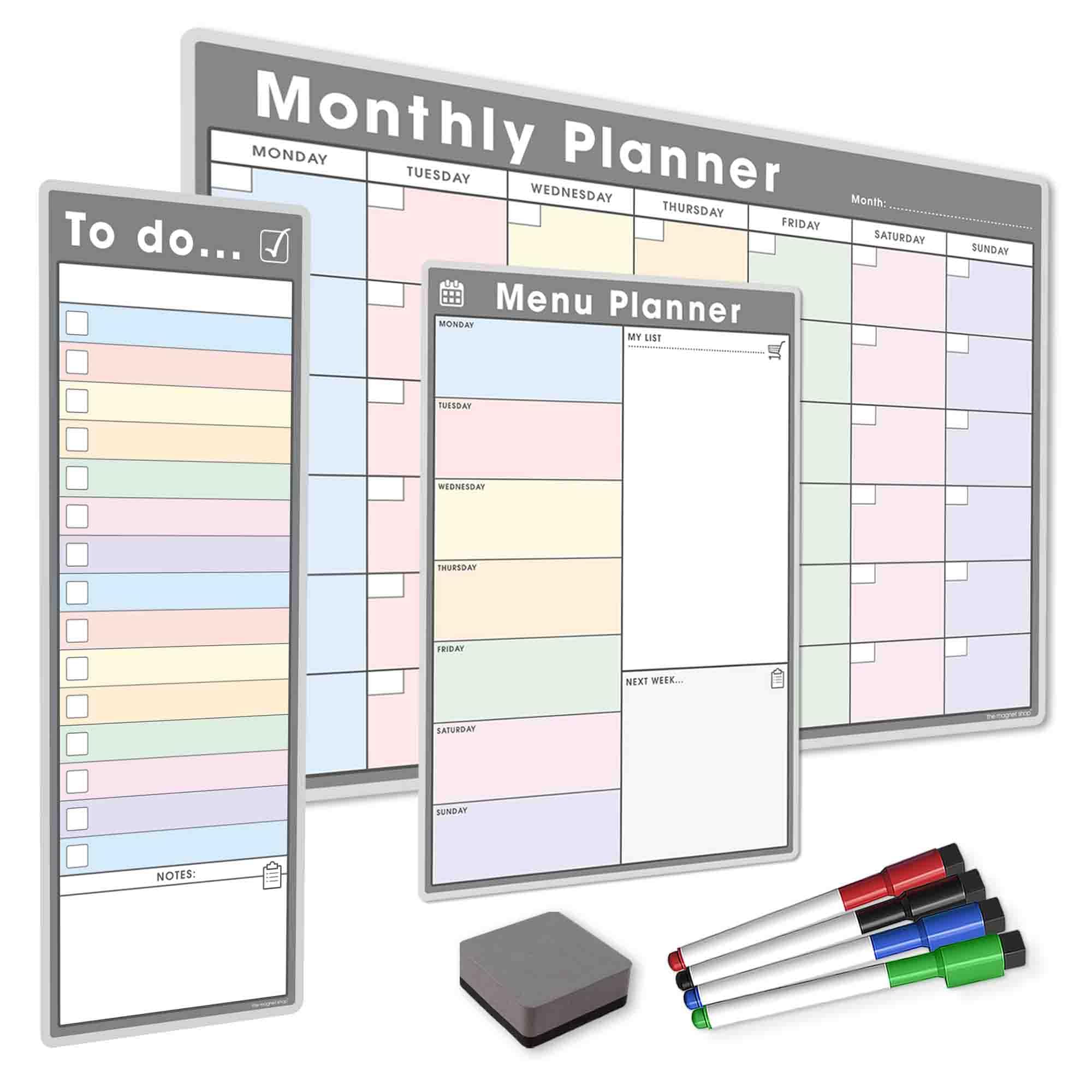 TMS Magnetic Weekly Planner Bundle | A4 Menu Planner, A3 Monthly Calendar, to Do List, Dry Wipe Markers and Eraser (5 Pack) | Magnetic Whiteboard Set