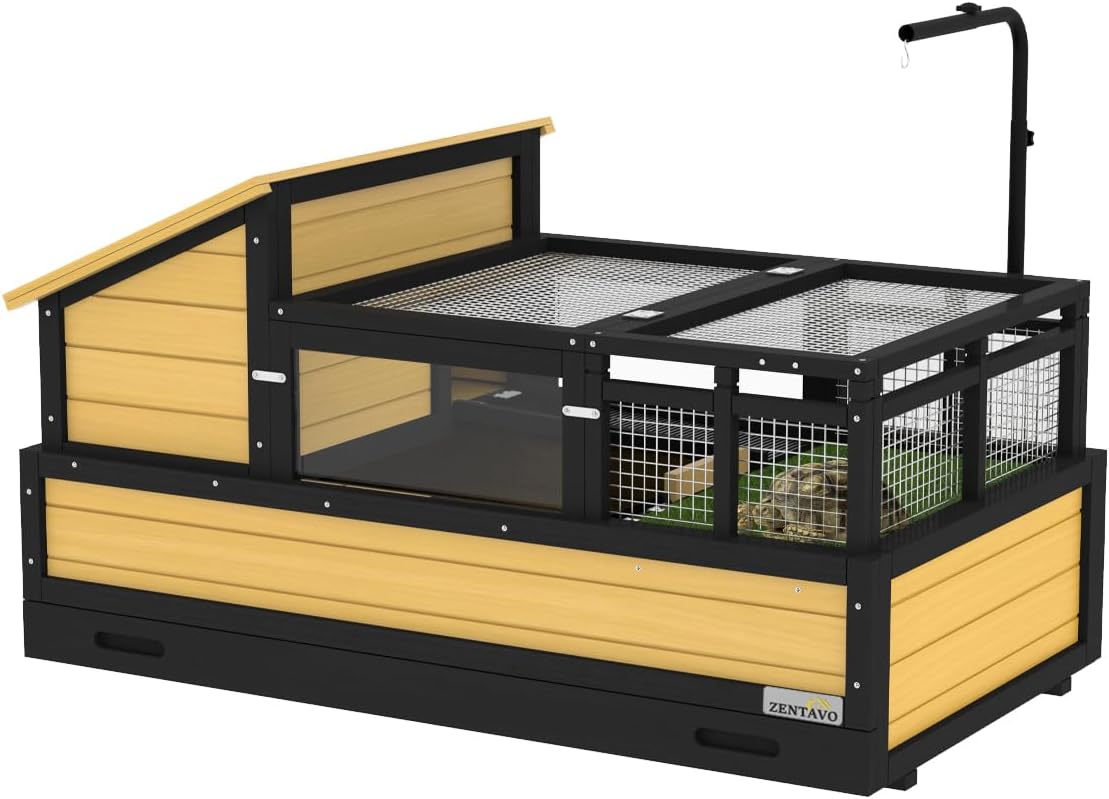 Wooden Large Tortoise Habitat 3 Tiers Large Space – Outdoor Tortoise Enclosure with Dual Ramps, Adjustable Lamp Holder & Pull-Out Tray for Tortoise House,Turtle Cage for Small Animals