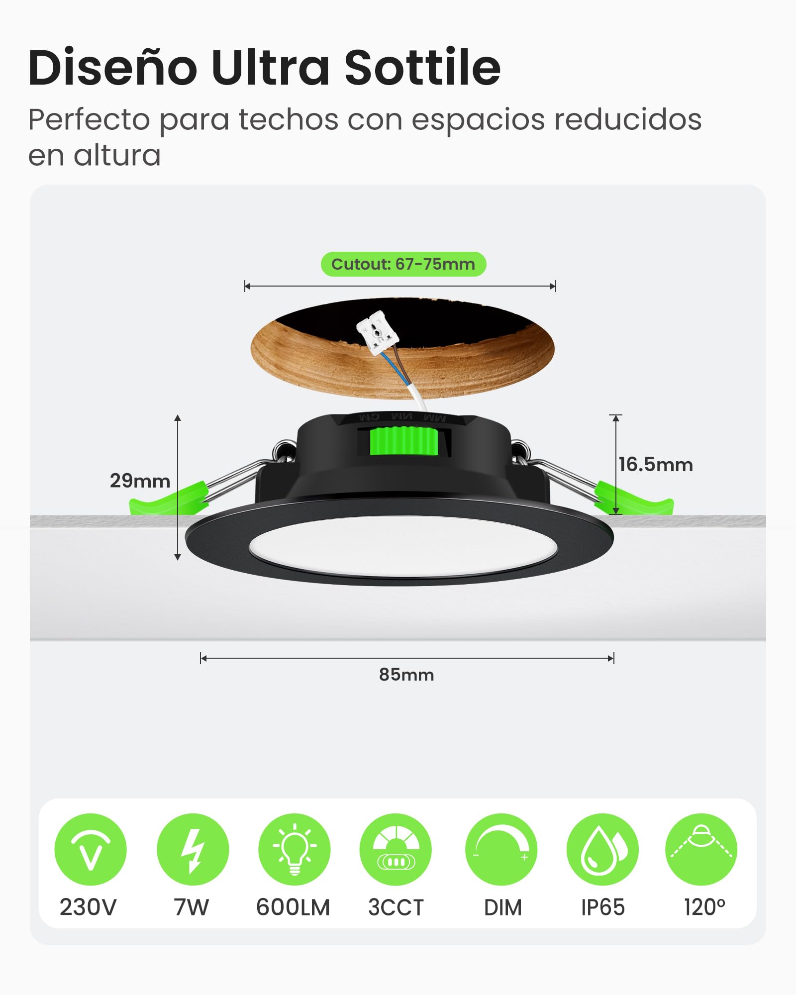 ALUSSO IP65 Downlight LED Techo Empotrable Regulable 7W 600LM 3CCT, Pack 6 | 3000K/4000K/6500K Focos LED Interior Techo Empotrado Corte Ø67-75mm, Ojos de Buey LED para Techo Baño Salón, Redonda Negro