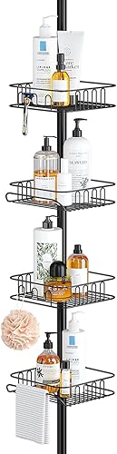 SEIRIONE Organizador de esquina de ducha a prueba de óxido para baño, poste de tensión independiente con 4 canastas, para tina, champú, accesorios