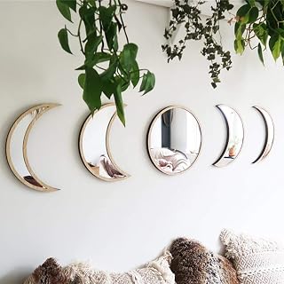 Shker 5-Piece Wooden Moon Phase Mirrors - Scandinavian Bohemian Acrylic Wall Decor for Bedroom Living Room, Beige