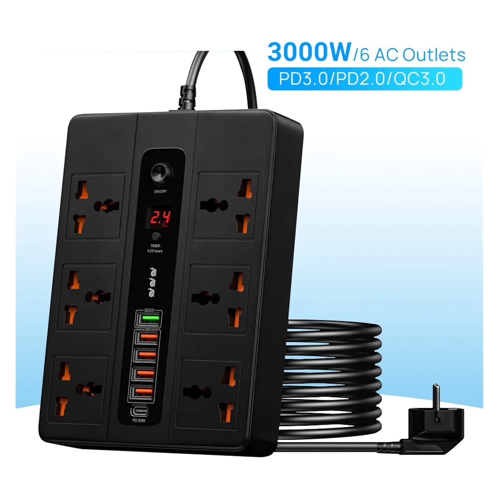 Ładowarka USB, 6 portów 20W PD QC3.0 Szybka ładowarka USB typu C Adapter stacji szybkiego ładowania 3000W 6 gniazd AC Listwa zasilająca(2PCS Black 5V-3.4A)
