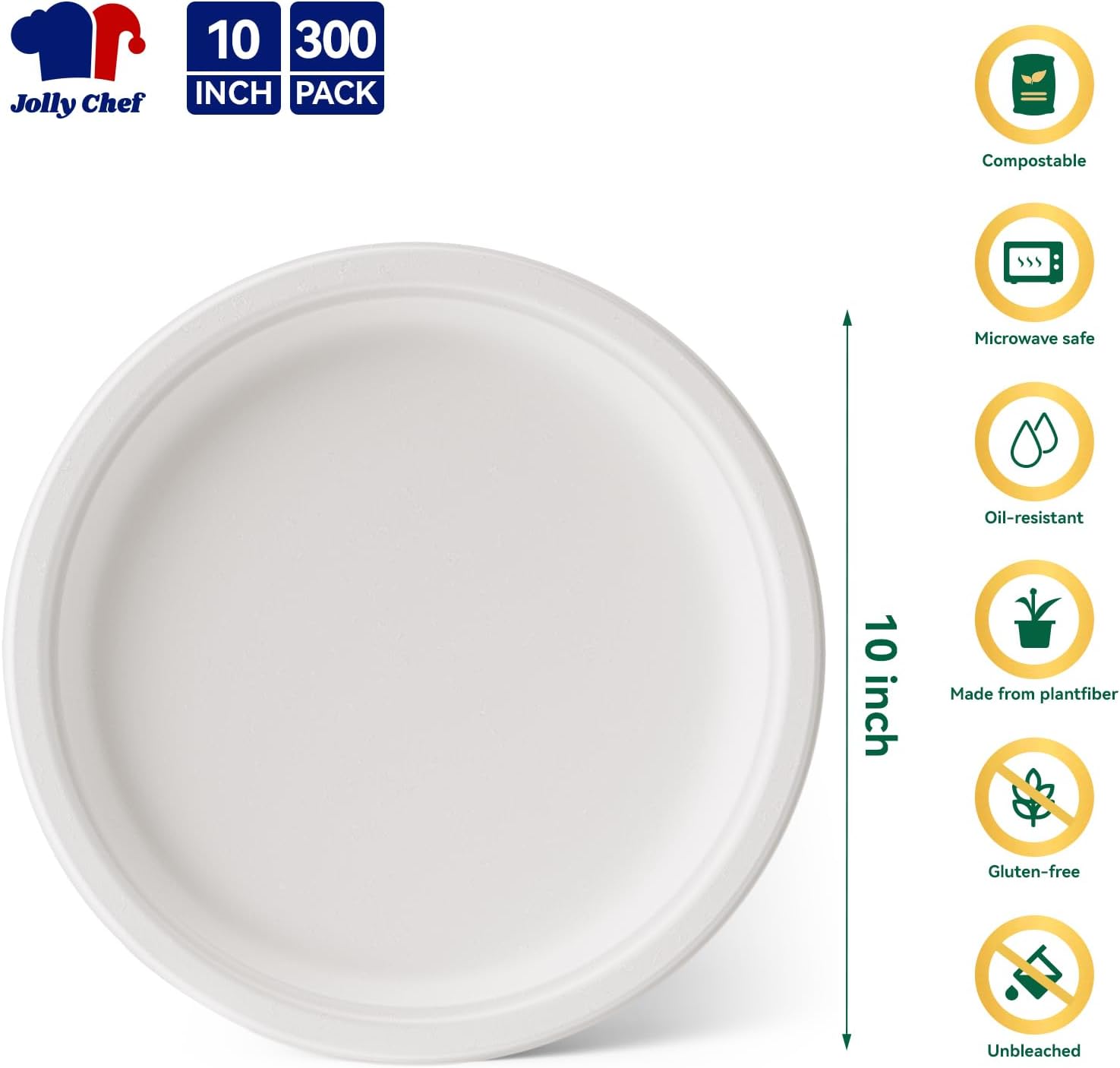 JOLLY CHEF Compostable Heavy Duty Plates 𝟭𝟬 𝗜𝗻𝗰𝗵 [𝟯𝟬𝟬 𝗣𝗮𝗰𝗸] Eco-Friendly Disposable White Uncoated Paper Plates Bagasse Sugarcane Biodegradable for Hot Cold Food Party Dinner Weddings - Image 2