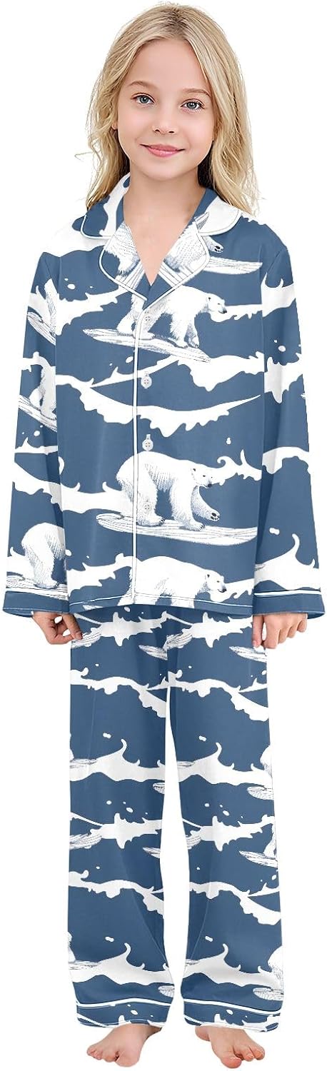 Kids Casual Satin Wear Set Surfing Polar Bear Unisex Relaxed Fit Clothing