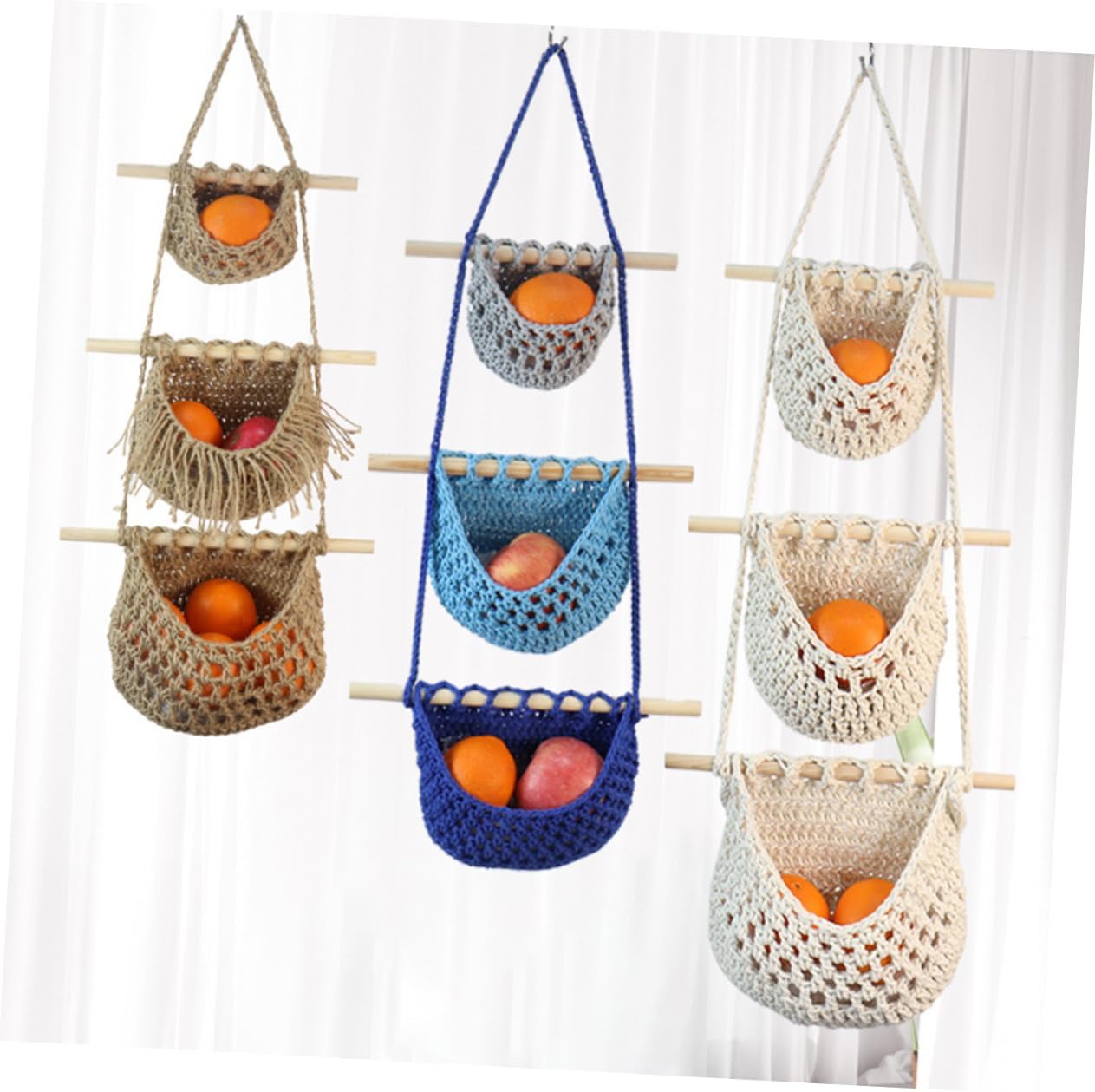 Wakauto Hand Made Cotton Rope Hanging Fruit Basket Wall Mounted Vegetable Holder Organizer for Kitchen Storage and Display Woven Hanging Basket for Fruits and Veggies