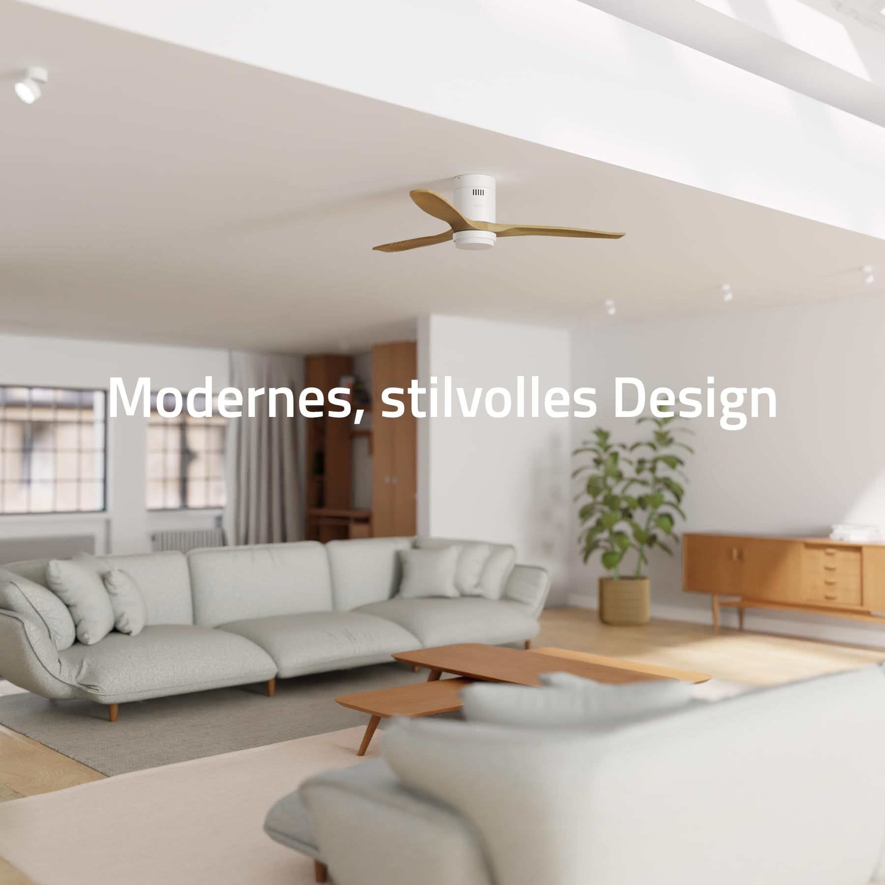 Hombli Smart Deckenventilator mit LED-Licht, warmweiß, kaltweiß, dimmbar, Appsteuerung WLAN, 132 cm, leise 35W Motor, Räume bis 35 qm - Holz hell | Ventilator mit Beleuchtung, App-Steuerung, Räume bis 35 qm, LED-Licht, warmweiß, niederländische Marke für