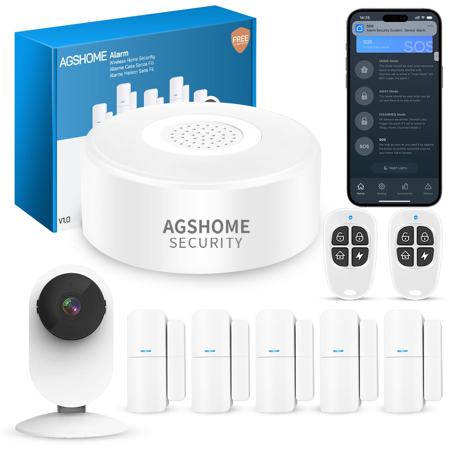 AGSHOME Alarma para el hogar con cámara 1080P, 120dB, Alarma inalámbrica para el hogar 2.4GHz, 9 Piezas, Compatible con Alexa