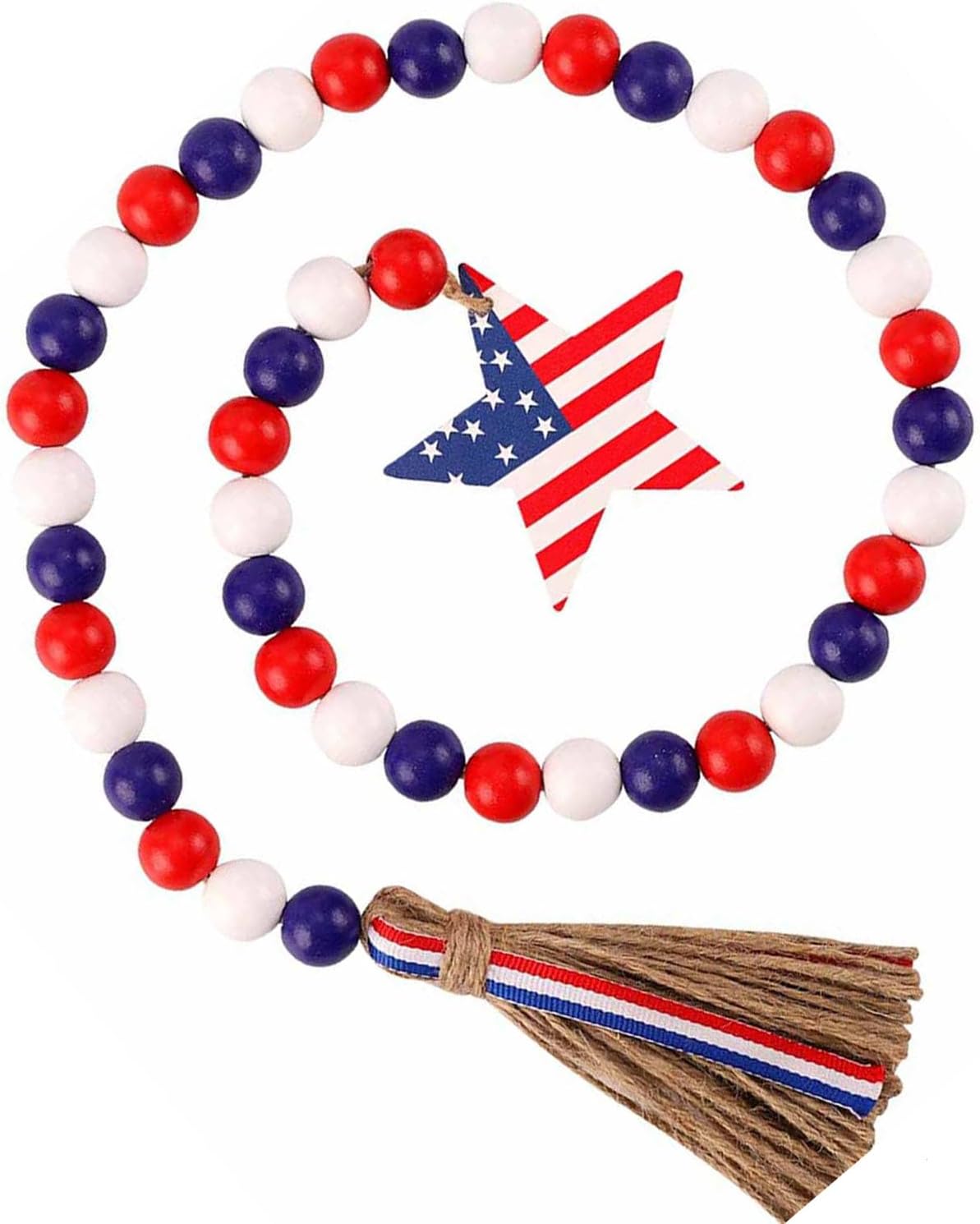 Independence Day Decorations Wood Bead Garland, 4th of July Memorial Day Decor American Flag Pendant Tassel for Farmhouse Wall Rosary Decoration