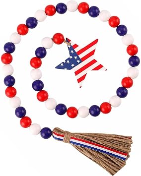 Independence Day Decorations Wood Bead Garland, 4th of July Memorial Day Decor American Flag Pendant Tassel for Farmhouse Wall Rosary Decoration