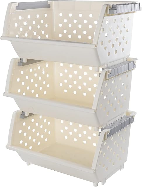 Ortodayes White Kitche Stackablen Baskets, Plastic Stacking Baskets Set of 3