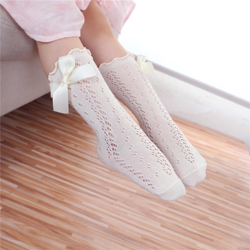 Sugarmelon Baby Girls Ruffle Socks with Bows Infant Toddler Kids Long Stockings Mesh Knee High Socks - Image 6
