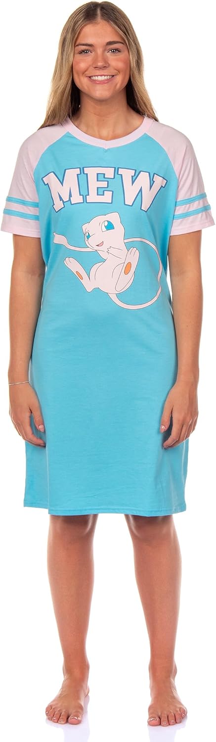 Bioworld Pokemon Pajama Women's Varsity Raglan Sleep Shirt V-Neck Nightgown