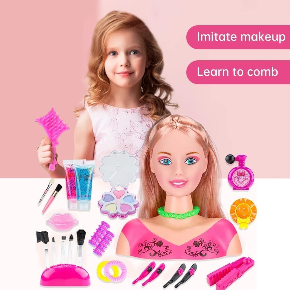 Testa per parrucchiere e trucco per bambini Pretend Playset, 34 pezzi styling testa bambola acconciatura giocattolo con asciugacapelli per bambine