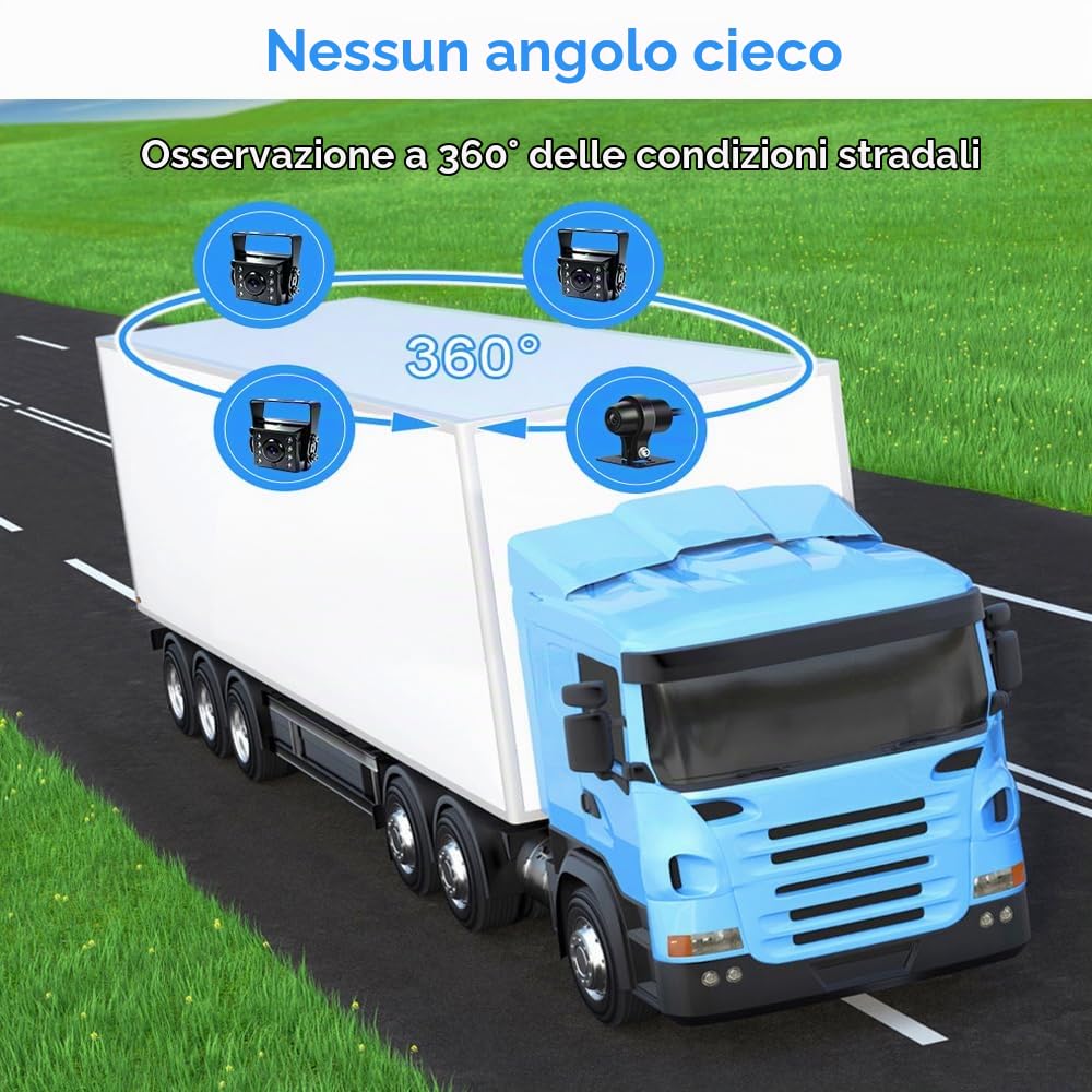 VSYSTO 4CH HD 1080P Camion Dash Cam, 10.1 '' Monitor Veicolo Backup Camera per Semi Trailer Van Trattore RV, Front & Sides & Rear Cam, GPS, Lente di Visione Notturna Infrarossa, Sensore di Temperatura