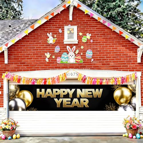Image of Happy New Year Banner 78.7 x 17.7 Inch Gold and Silver Balloons Sparkling Confetti Design for Holiday Party Decoration Indoor Outdoor Wall Fence or Stage Background Celebration Display