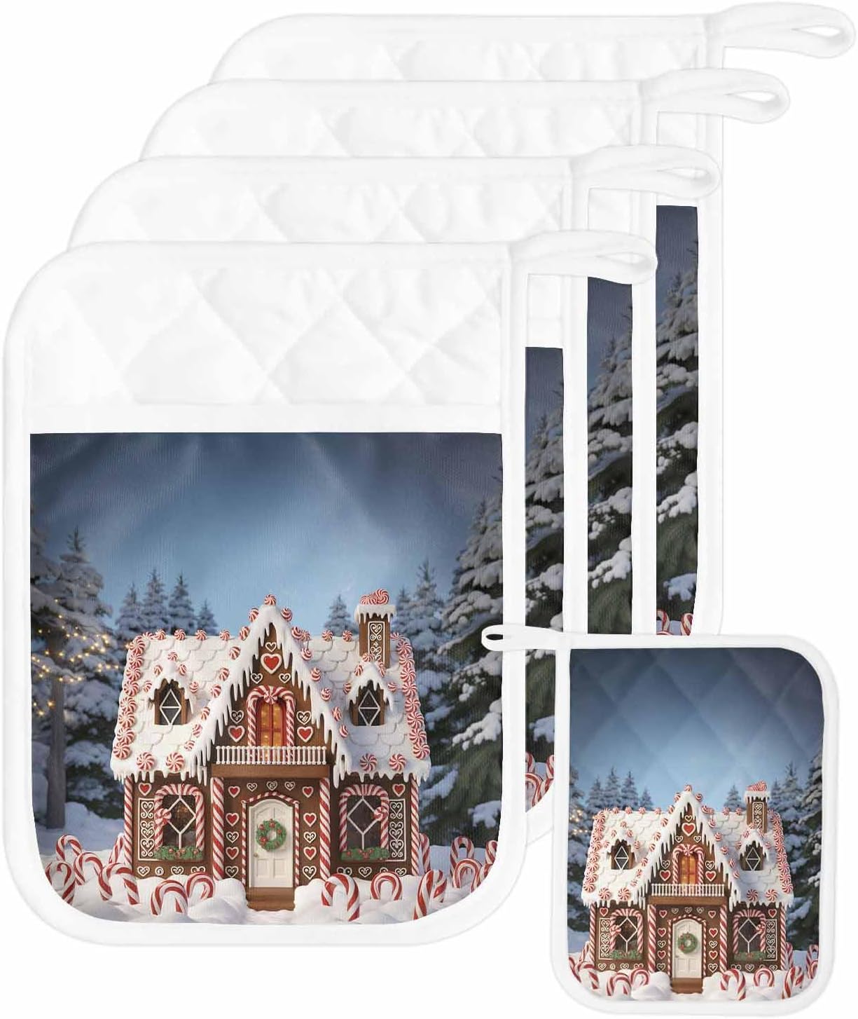 5PCS Pot Holders with Pocket for Kitchen, Christmas Pot Holder Set Heat Insulation Potholders, Blue Pink Farmhouse Xmas Tree Snowflake Oven Mitts Hot Pads for Baking Cooking Barbecue