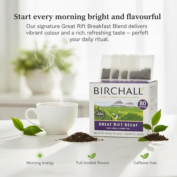 Birchall Great Rift Decaf Blend Tea Bags, English Breakfast Tea Bursting with Full Flavour, Perfect Vegan Gifts, 80 Plant-Based Everyday Tea Bags