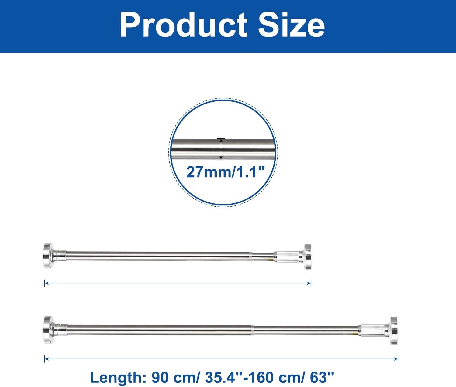 uxcell Tension Curtain Rod, 36" to 63" Adjustable Curtain Rod No Drilling Shower Curtain Rod Carbon Steel Expandable Tension Rod for Window, Doorway, Wardrobe, Silver