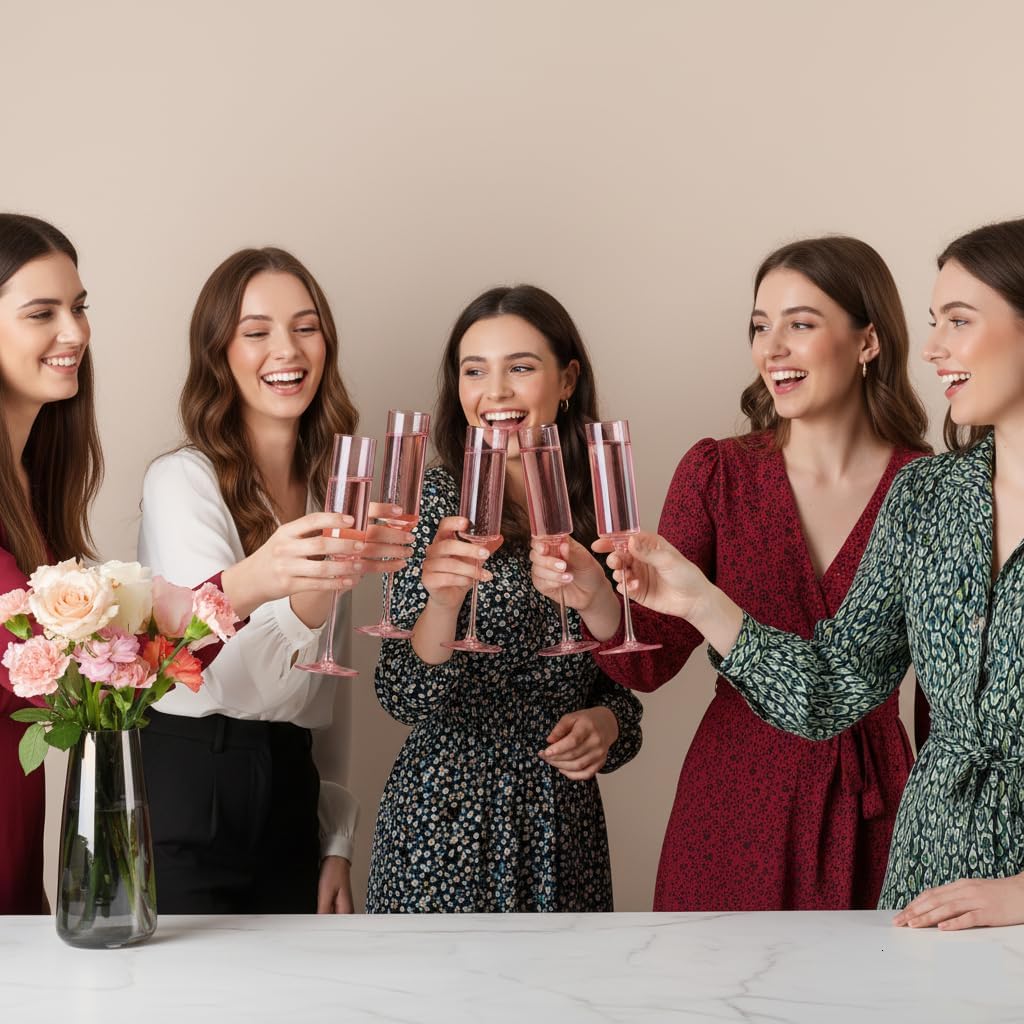 Physkoa Pink Champagne Flutes Set of 6-Glass Champagne Glasses with Blushpink Color,LeadFree Crystal Champagne Glasses for Pink Party Decoration - Image 5