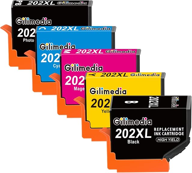 GILIMEDIA 202XL Ink Cartridges, 5 pack for Epson 202 XL 202XL Ink Cartridges Multipack, for Epson Expression Premium XP-6105 XP-6100 XP-6000 XP-6005 XP-6001 XP6105 XP6100 XP6000 XP6005 XP6001 Printer