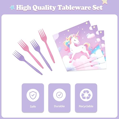 Miniatura 12 de Juego de 96 suministros de fiesta de unicornio arcoíris – Incluye platos de papel para cena y postre, servilletas, tenedores para fiestas